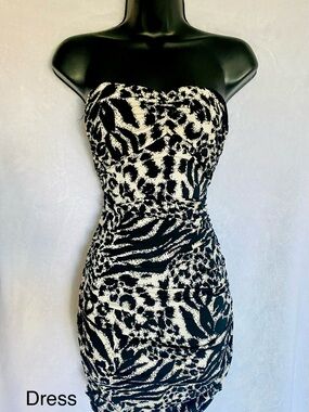 Strapless Black and White Animal Print Bodycon Dress